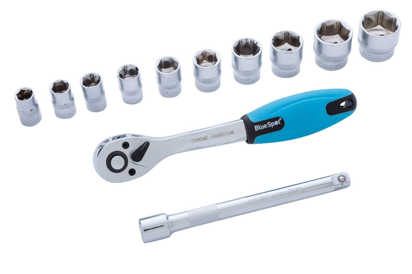BlueSpot 12 Pc 3/8" Dr Ratchet & Socket Set 10mm - 24mm + Extension Bar  01502