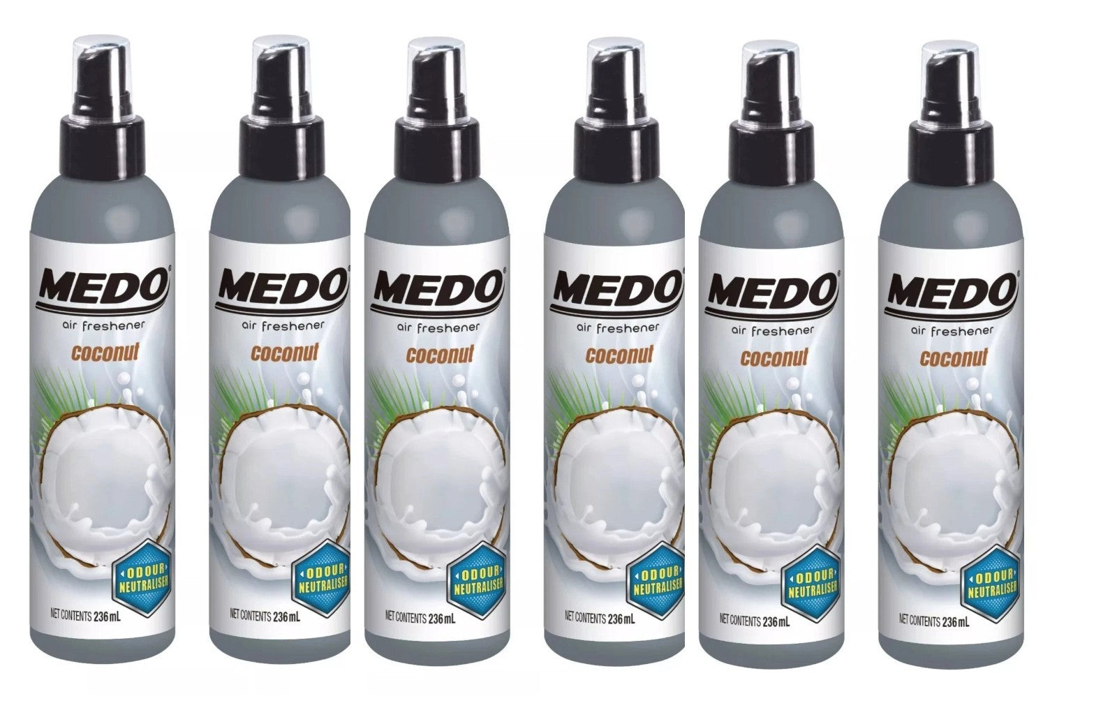 6 x Medo Pump Spray Odour Neutraliser Car Air Freshener Scent - Coconut