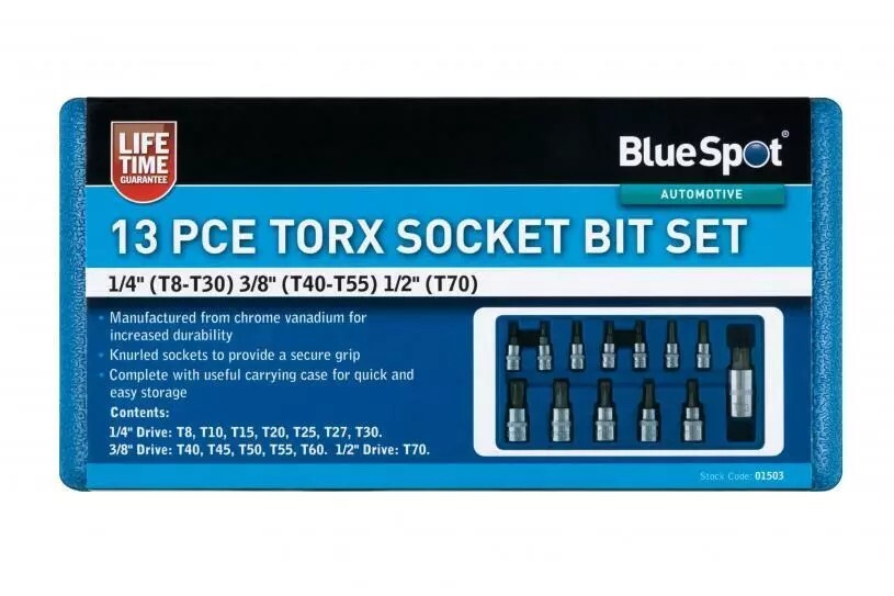 BlueSpot 13 Piece Torx Star Bit Socket Set T8 1/4' & 3/8'- T70 01503