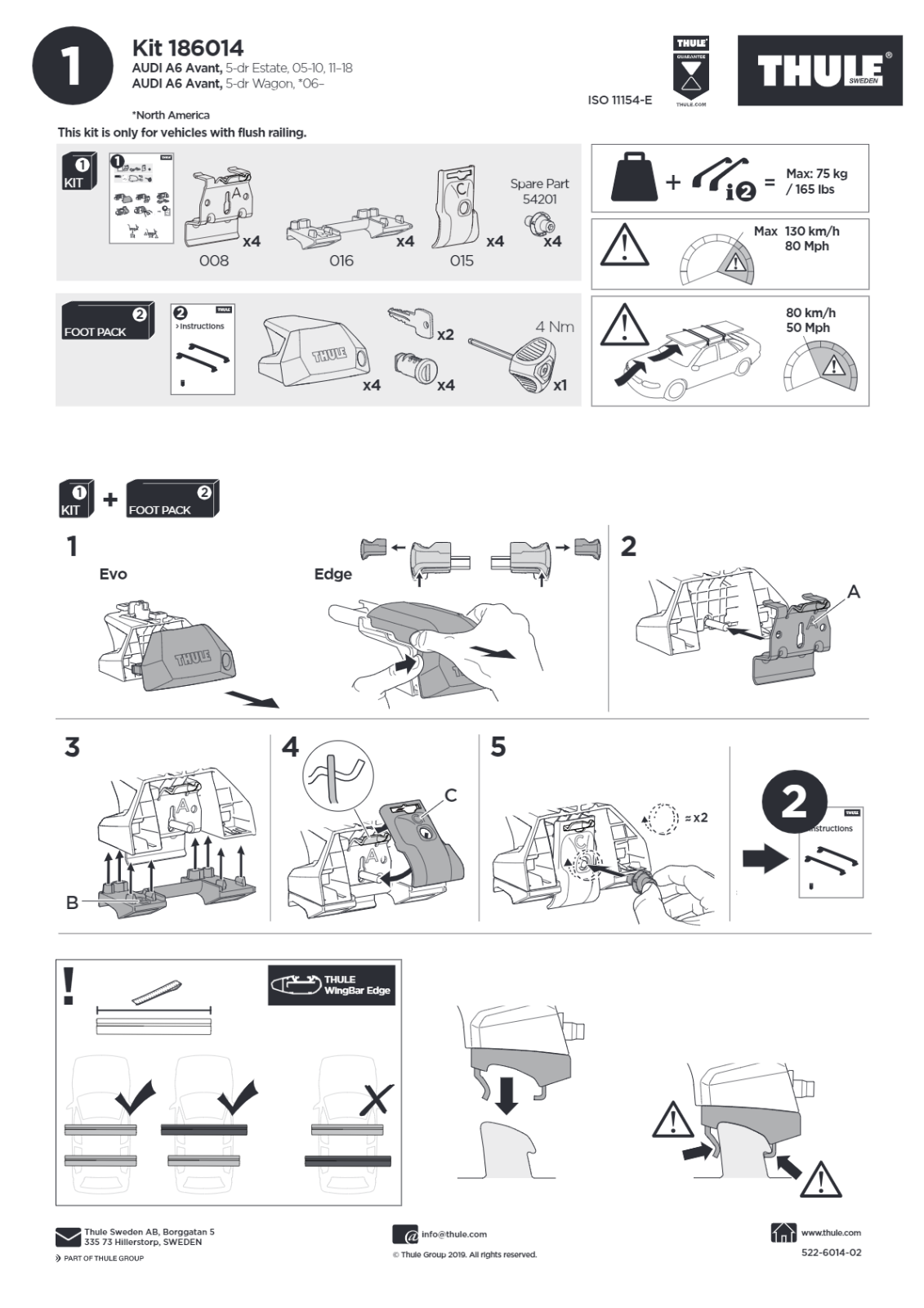 Thule Roof Bar Fitting Kit for Flush-mounted Roof Rails 186014 4 Pack