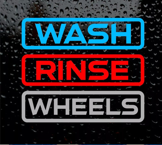 Wash, Rinse & Wheels Bucket Stickers Valeting - blue red & silver cle093