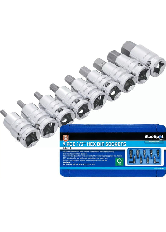 BlueSpot 9pc Metric Hex Bit Allen Key Sockets H4 ? H17 Set 1/2" Drive