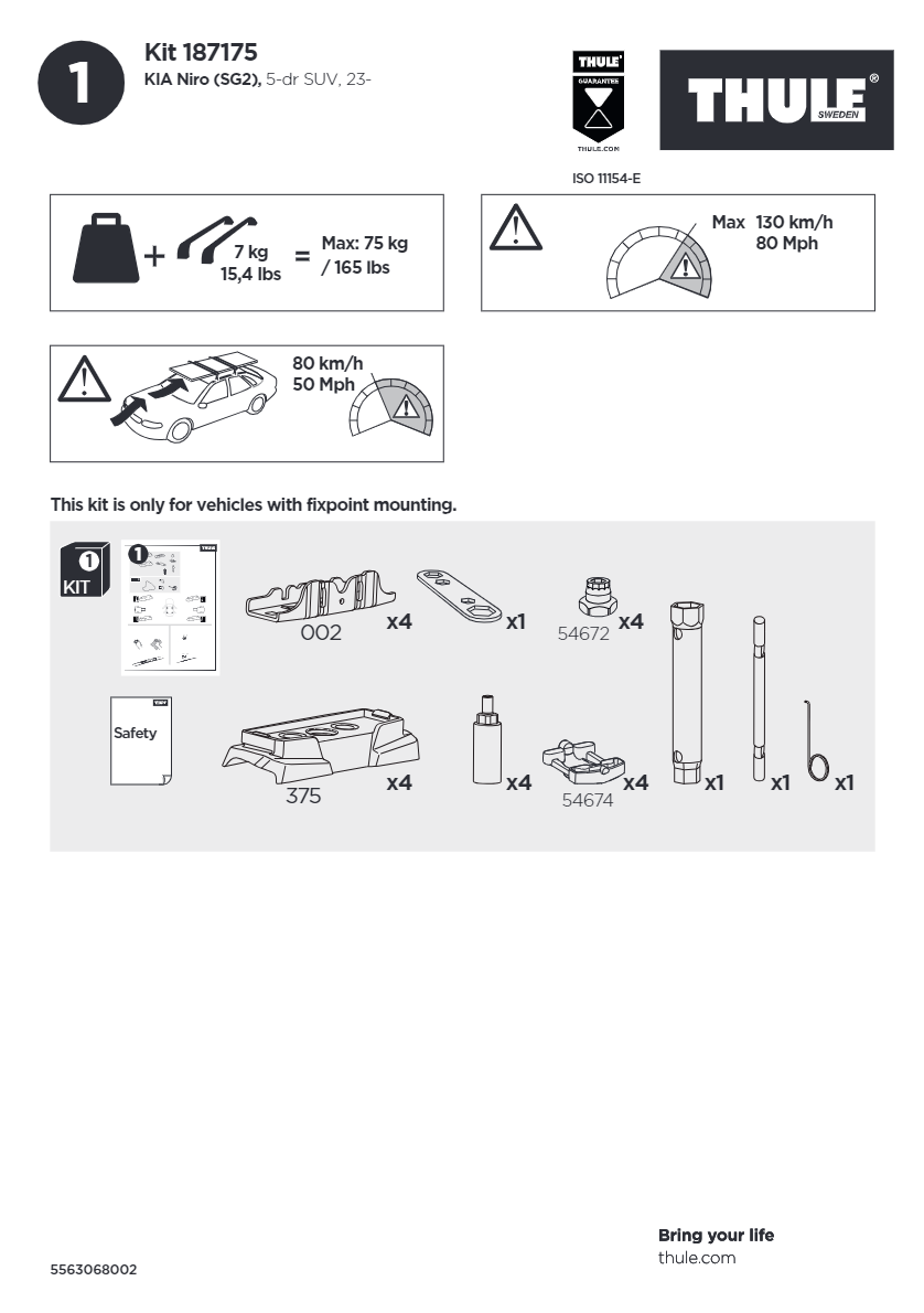 Thule Roof Bar Fitting Kit for Fit Points 187175 4 Pack