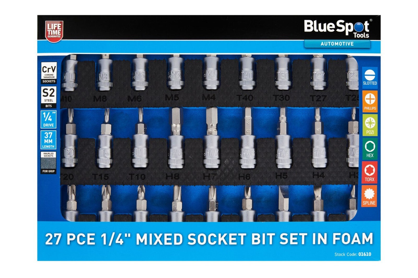 27pc Torx Spline Slot Phillips Hex Bit Star Socket Set 1/4" Sockets 01610