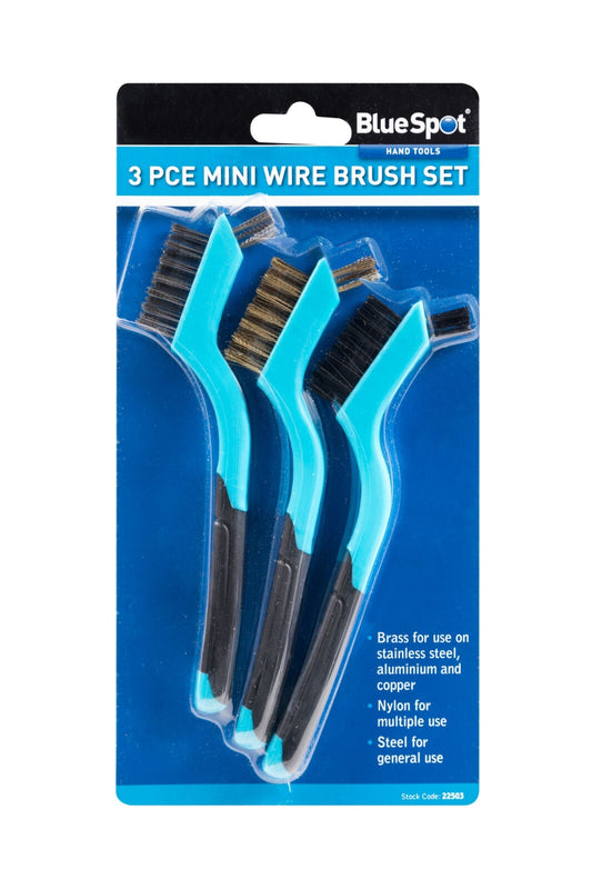 BlueSpot 3pc Soft Grip Mini Wire Brush  Small Tip Bristle Nylon Brass Steel a17