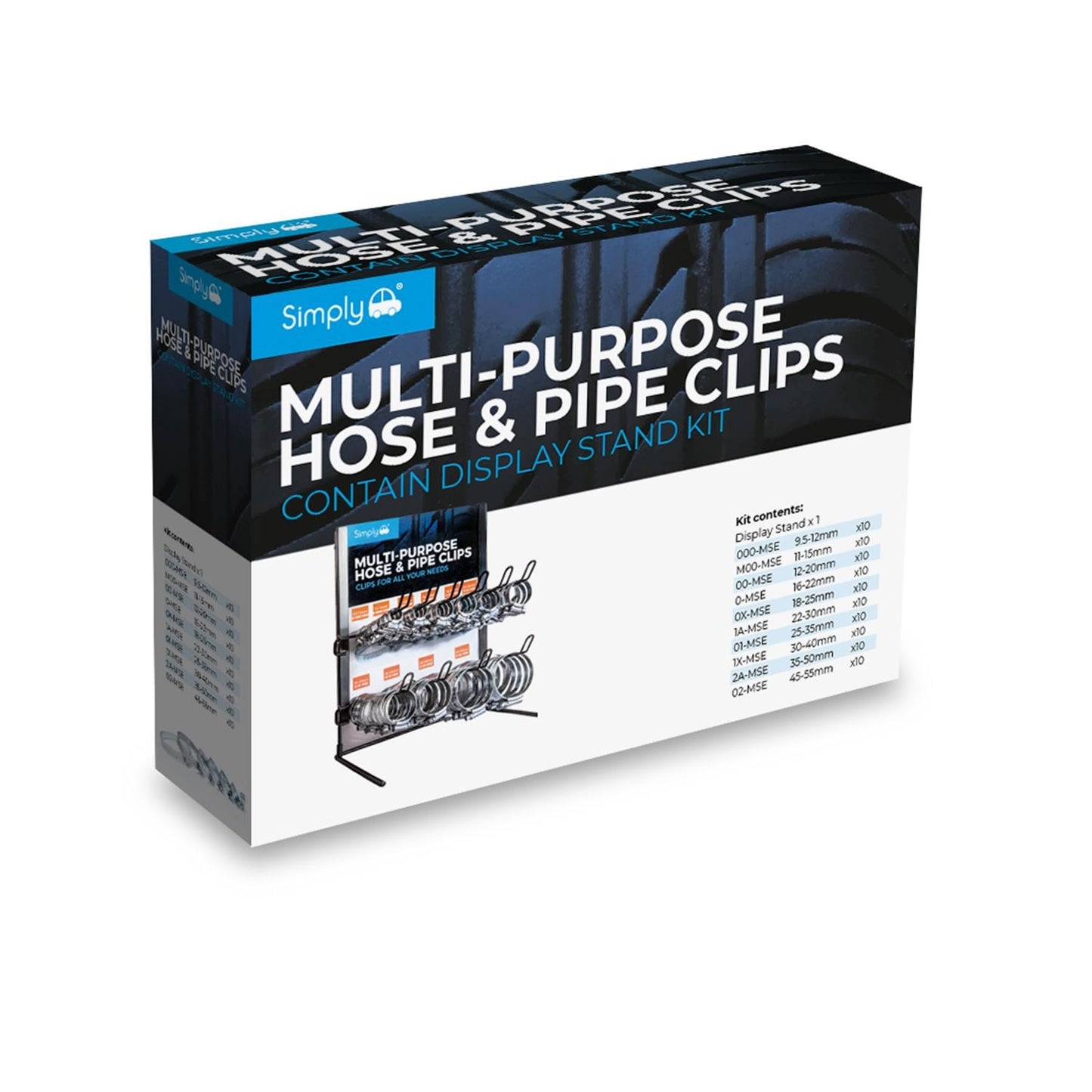 STEEL HOSE CLIP STAND WITH 100 ASSORTED SIZED CLIPS 9.5MM-55MM S-23-003-MSE