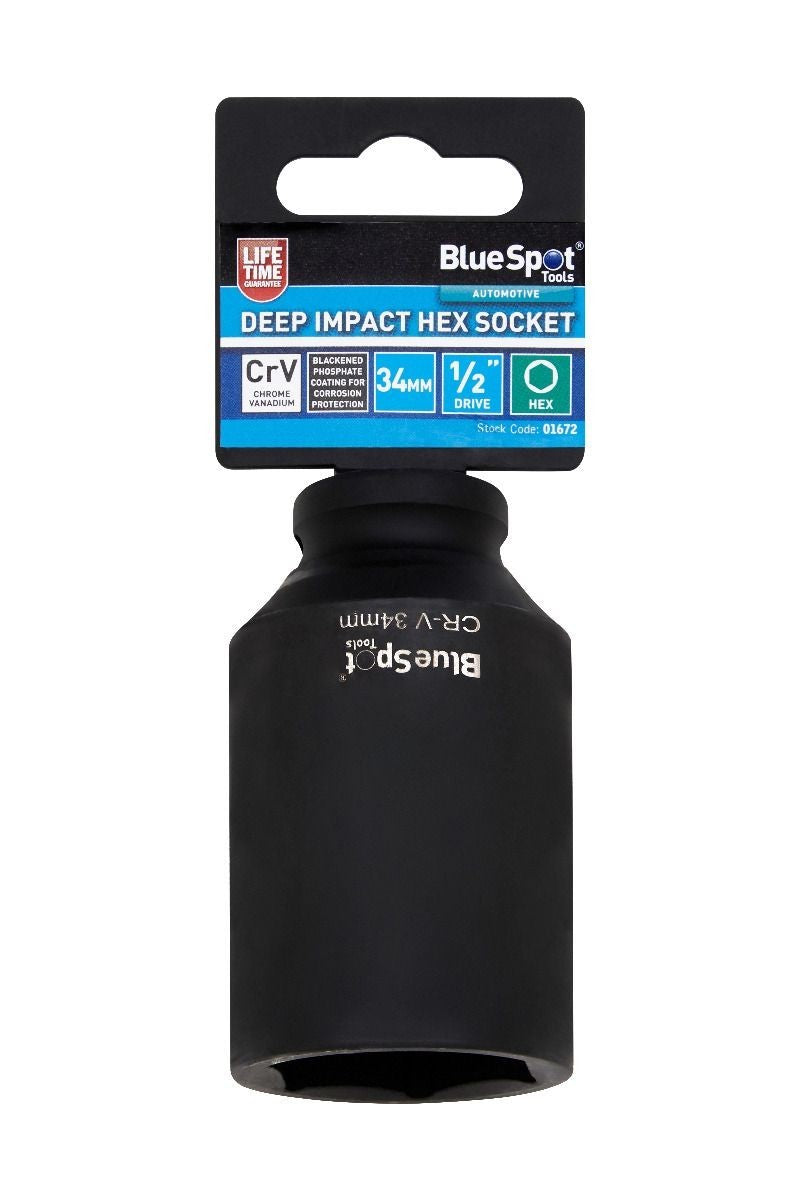 BlueSpot 34mm Deep Socket Impact Hex 6 Point Single  Steel 1/2" Drive bsp01672