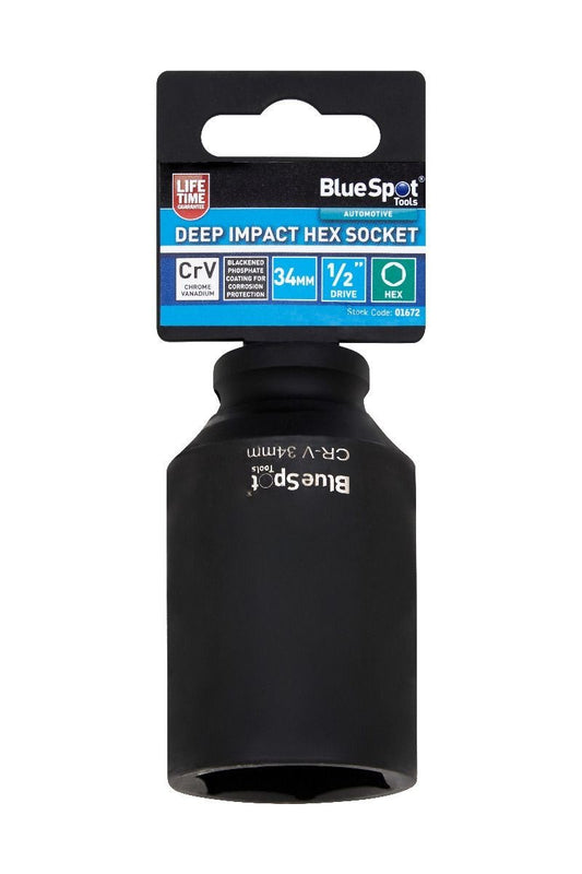 BlueSpot 34mm Deep Socket Impact Hex 6 Point Single  Steel 1/2" Drive bsp01672