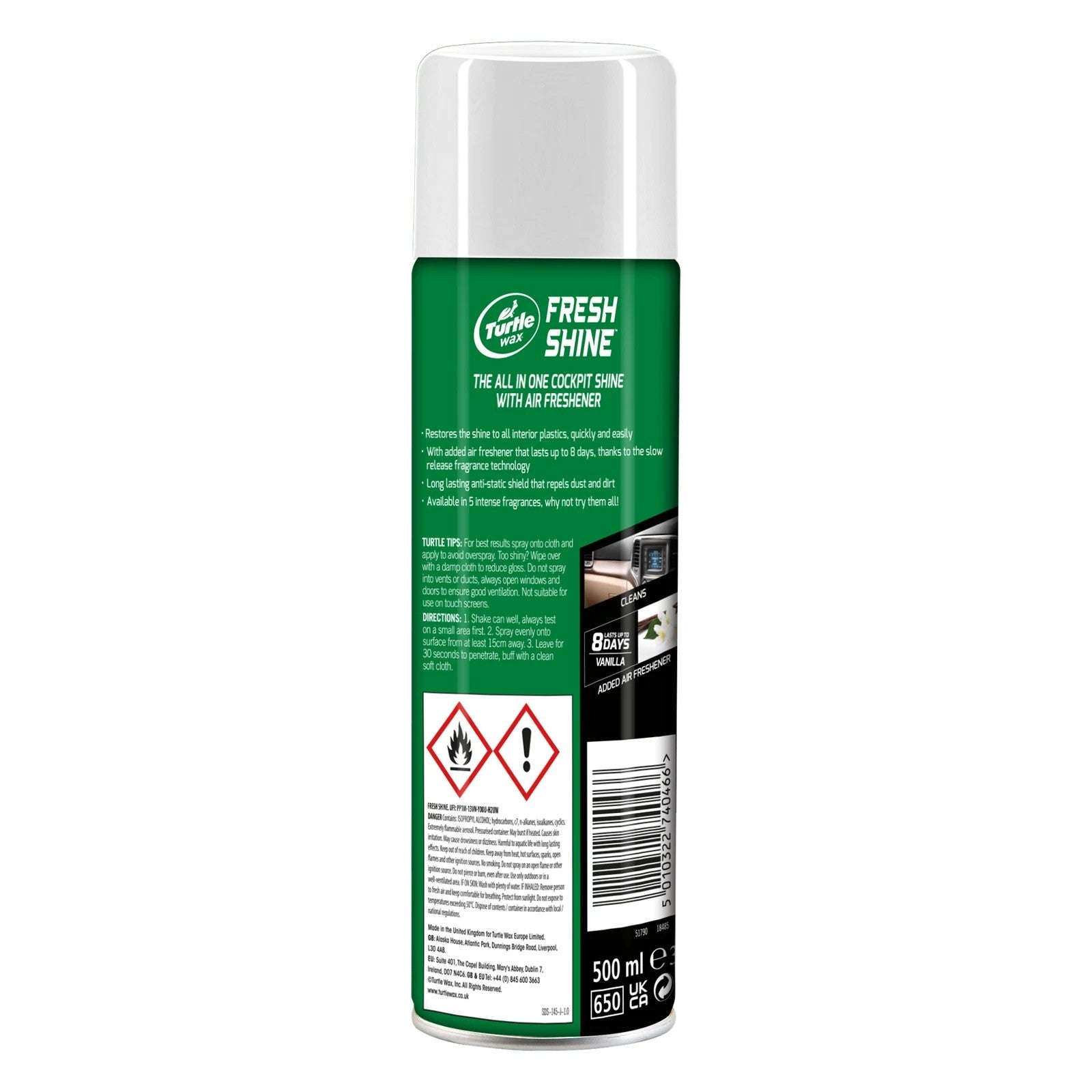 Turtle Wax Fresh Shine Interior Car Cleaner & Air Freshener 500ml Vanilla