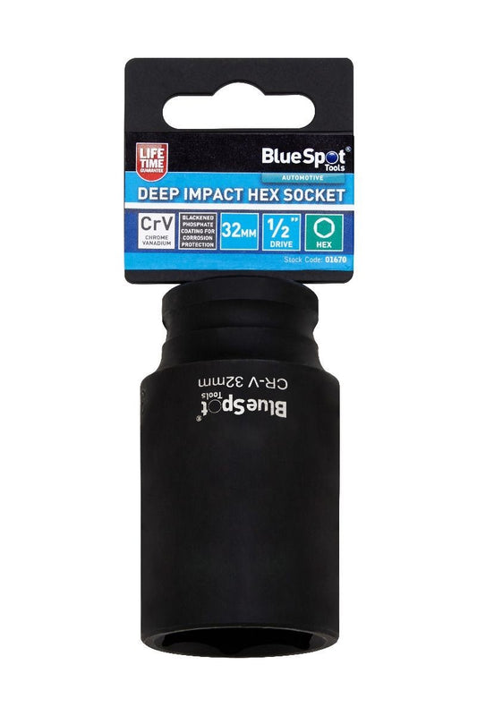 BlueSpot 32mm Deep Socket Impact Hex 6 Point Single  Steel 1/2" Drive bsp01670