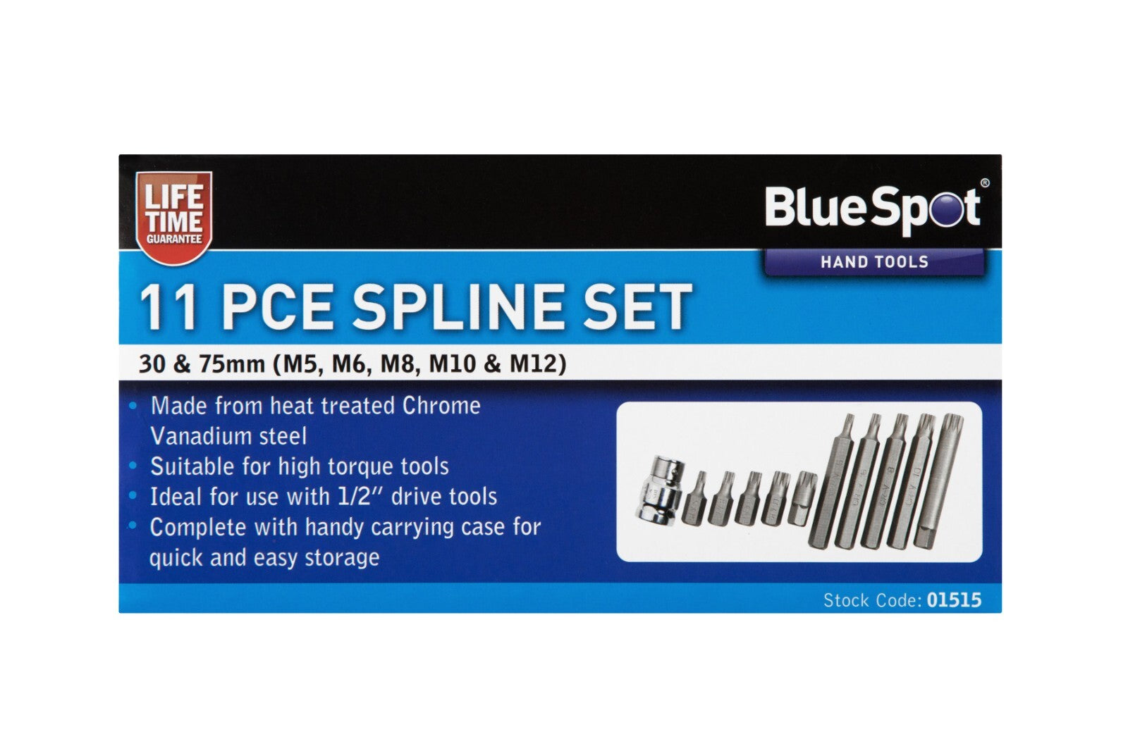 11Pce 1/2" Spline Set M5 M6 M8 M10 M12 Mixed Bits Bit 30mm / 75mm 01515