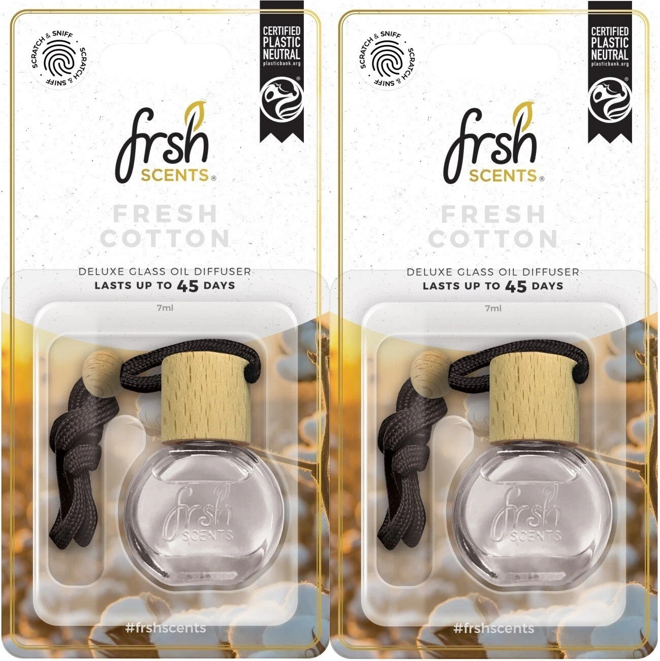 2 x Fresh Cotton Scent Hanging Deluxe Glass Bottle Air Freshener - Oil Diffuser