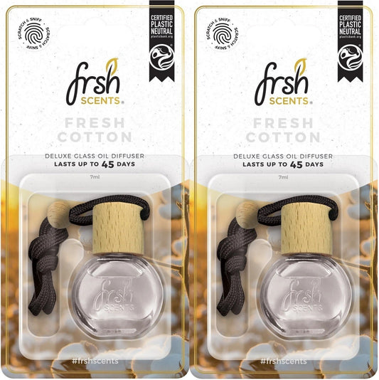 2 x Fresh Cotton Scent Hanging Deluxe Glass Bottle Air Freshener - Oil Diffuser