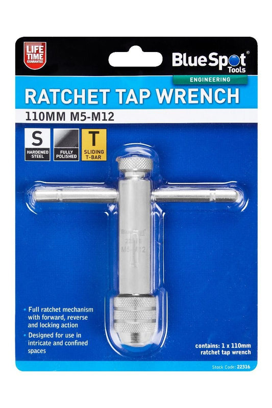 BlueSpot Ratchet Tap Wrench 110mm M5 to M12 T-Handle Tap and Die Tool BSP22316