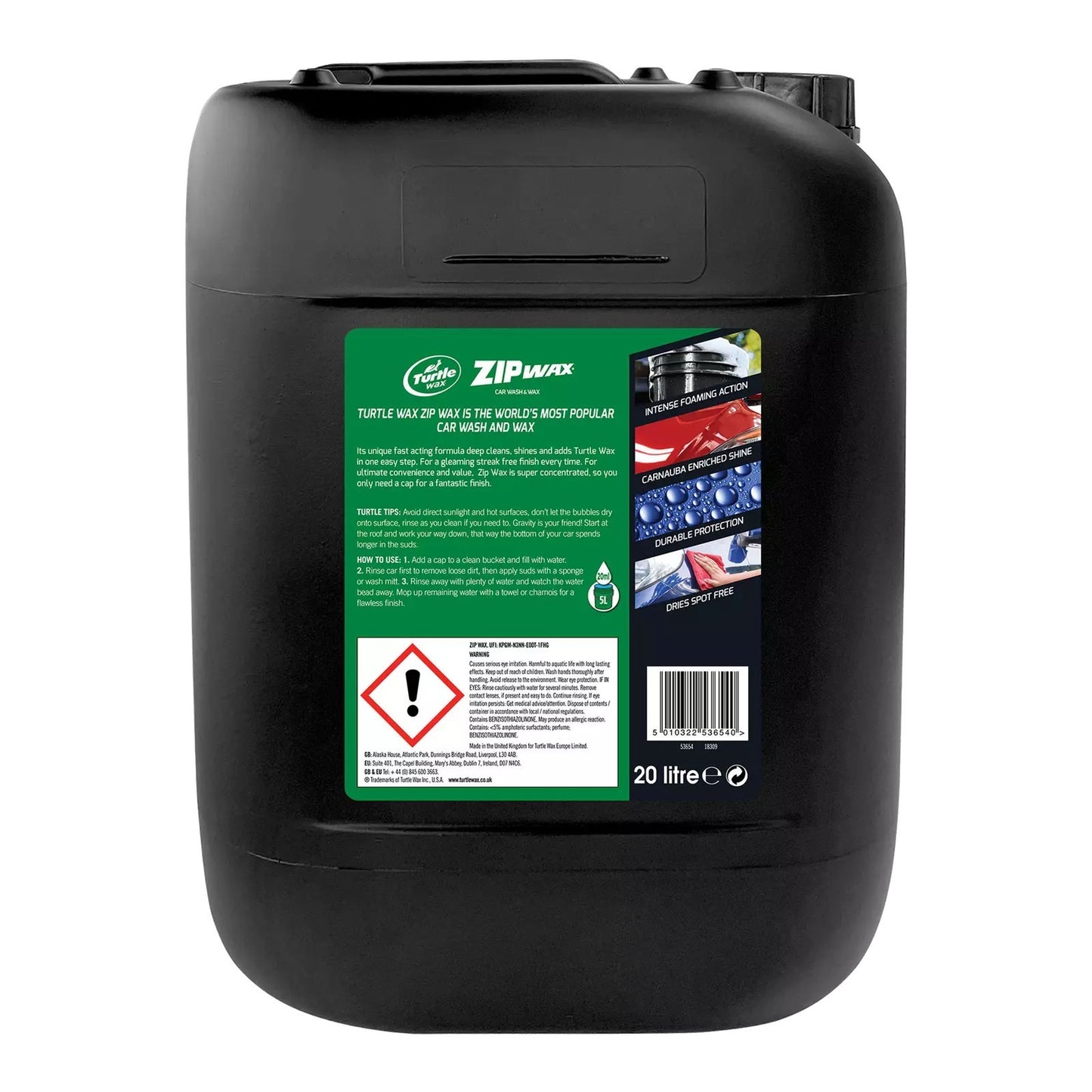 Turtle Wax  53654 Zip Wash, Wash & Wax with Carnauba 20L, Pro Valeting