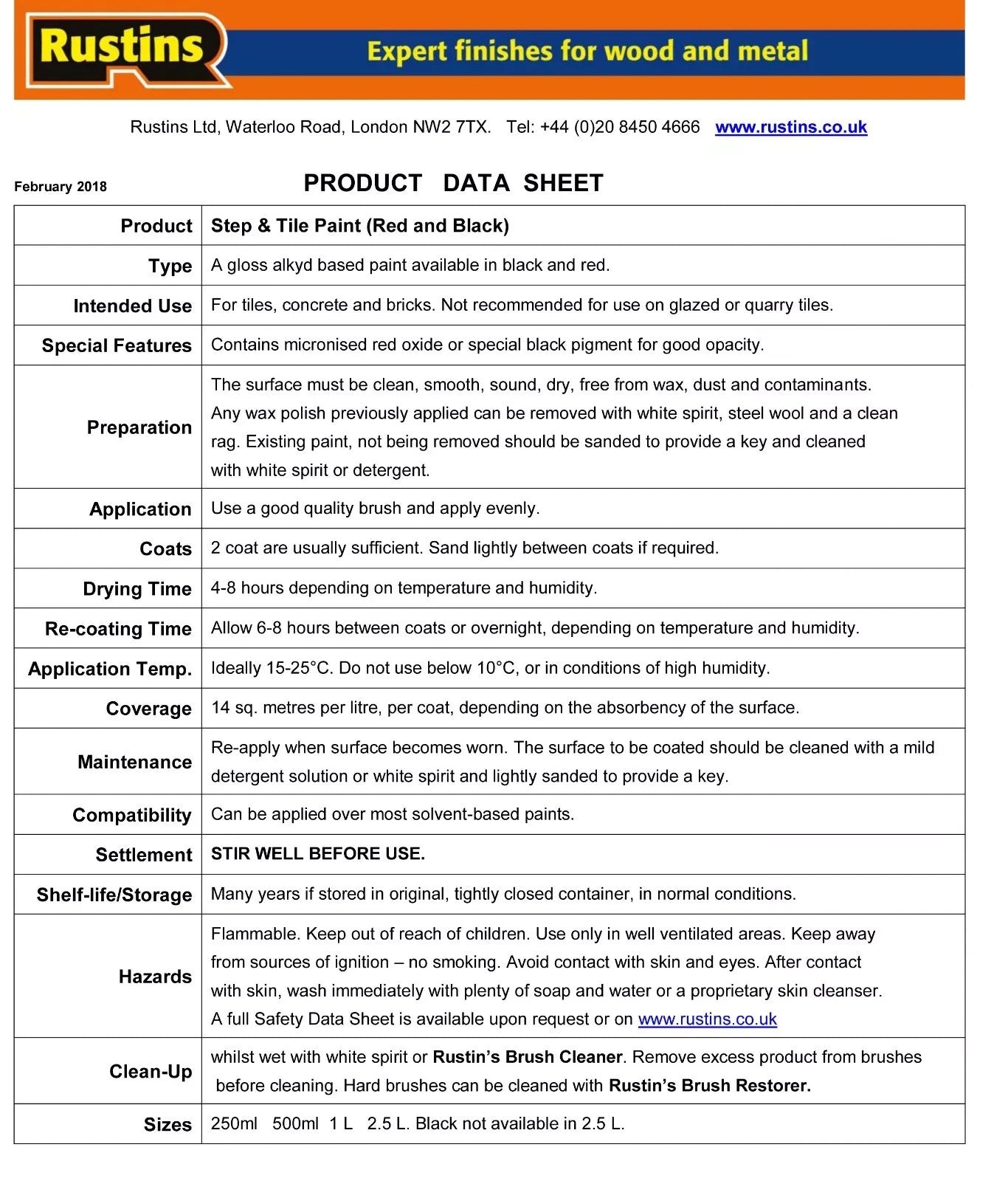 RUSTINS Quick Dry Step and  Tile Gloss Paint Tile Black  250ML. 347422