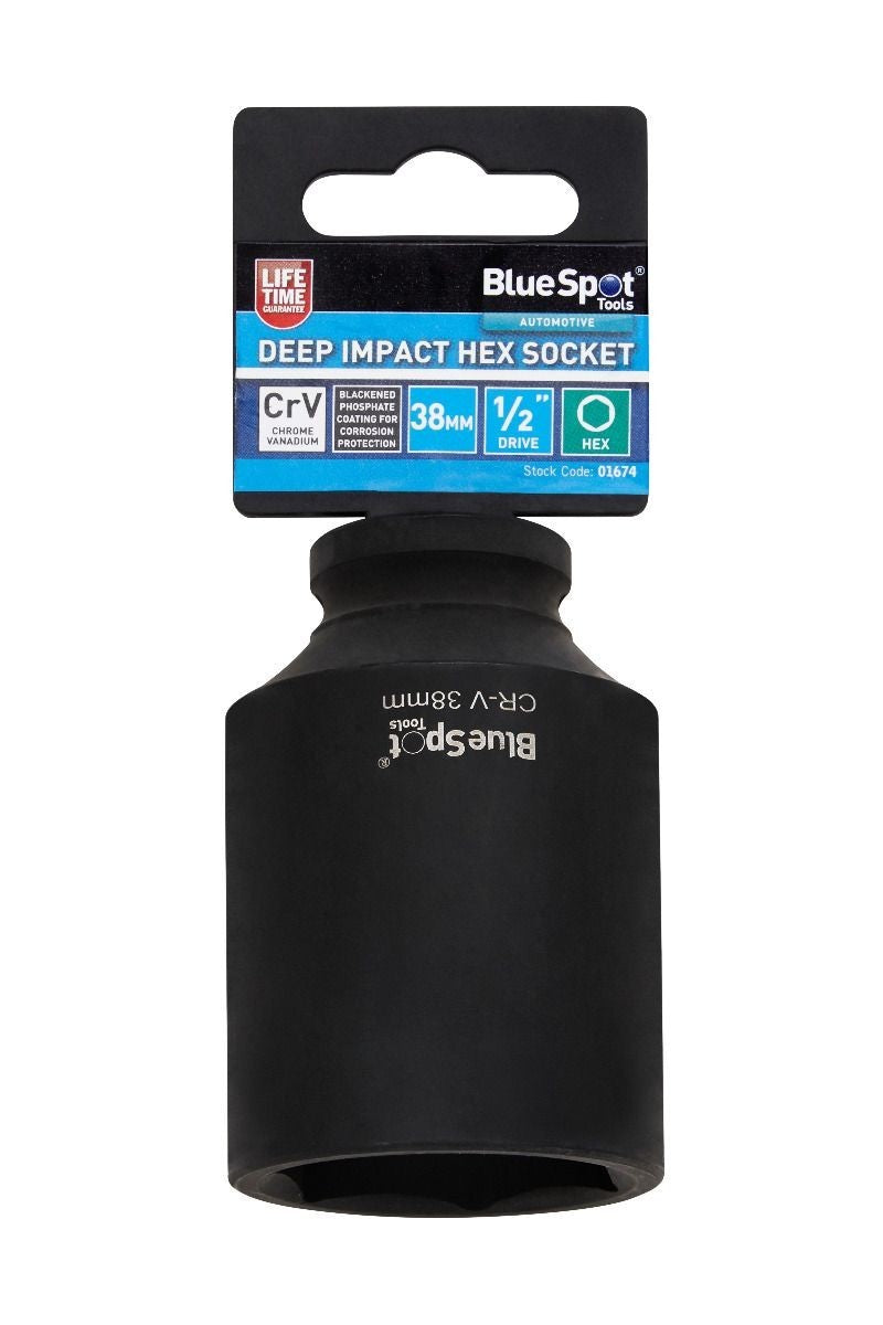BlueSpot 38mm Deep Socket Impact Hex 6 Point Single  Steel 1/2" Drive bsp01674