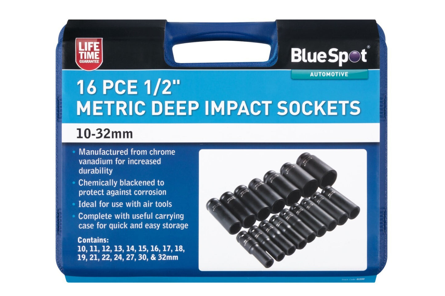 Blue Spot Tools 01550 16PCE 1/2" Metric Deep Impact Sockets (10-32mm) 01550