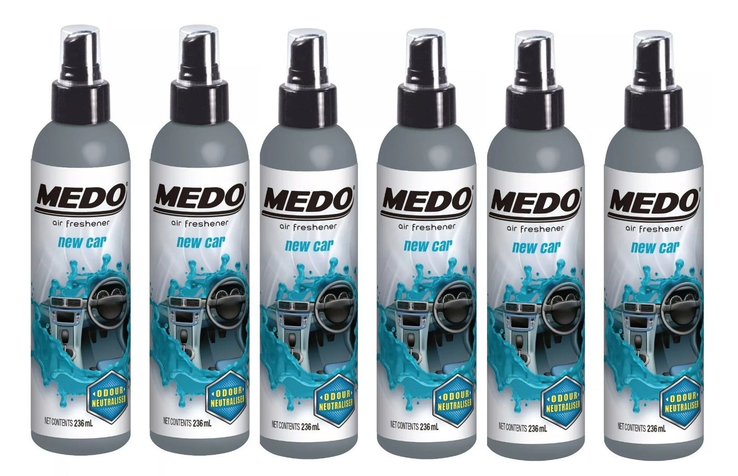 6 x Medo Pump Spray Odour Neutraliser Car Air Freshener Scent - New Car