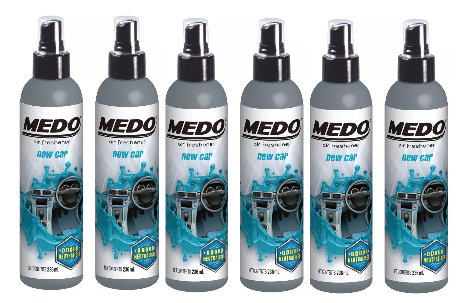 6 x Medo Pump Spray Odour Neutraliser Car Air Freshener Scent - New Car