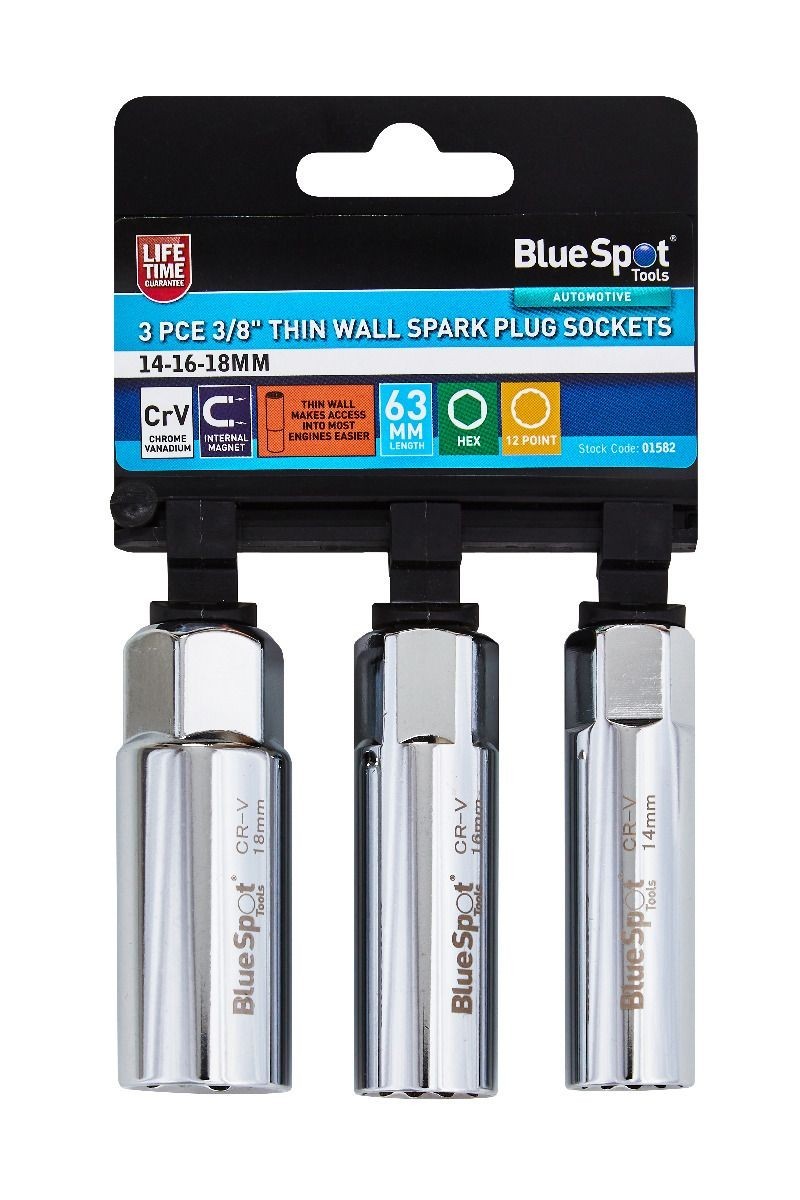 Blue Spot Tools 3 PCE 3/8" Thin Wall Spark Plug Sockets 14,16,18MM 01582