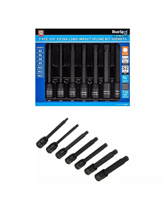 Spline Bit Impact Sockets Extra Long 7pc Set 3/8" Drive Impact M5 - M14 S2 Torx