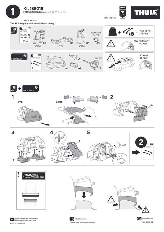 Thule Roof Bar Fitting Kit for Flush-mounted Roof Rails 186016 4 Pack