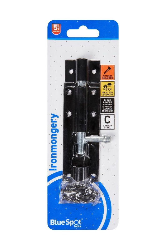 Blue Spot Tools Ironmongery 102mm Black Powder Coated Tower Bolt bsp78001