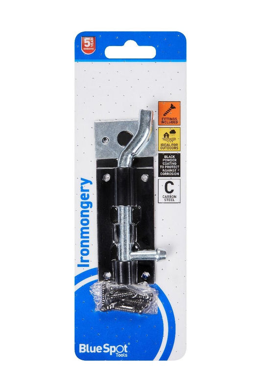 Blue Spot Tools Ironmongery 100mm Black Powder Coated Necked Tower Bolt bsp78059