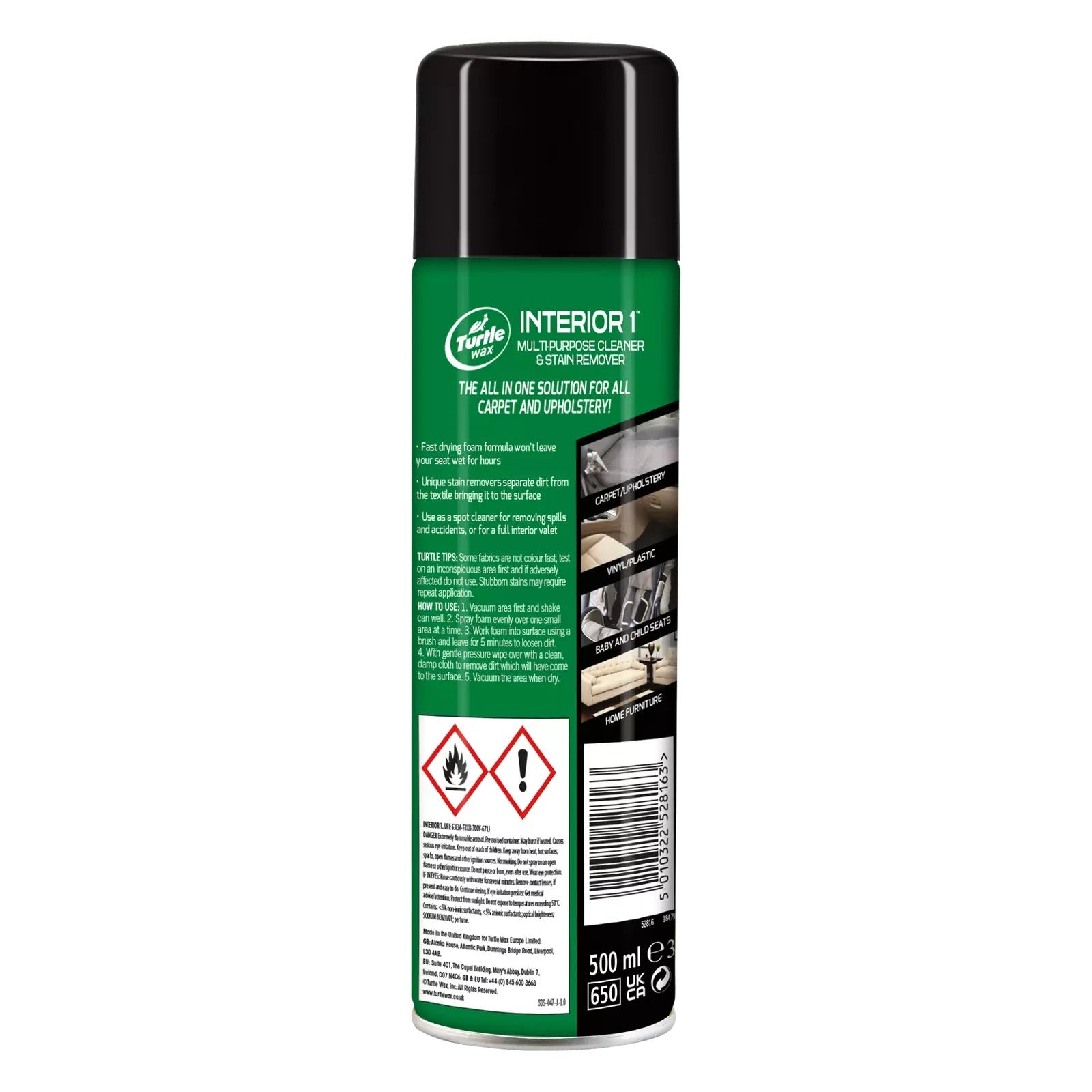 Turtle Wax Interior 1 Car Cleaning Stain Odour Removal & Brush 500ml
