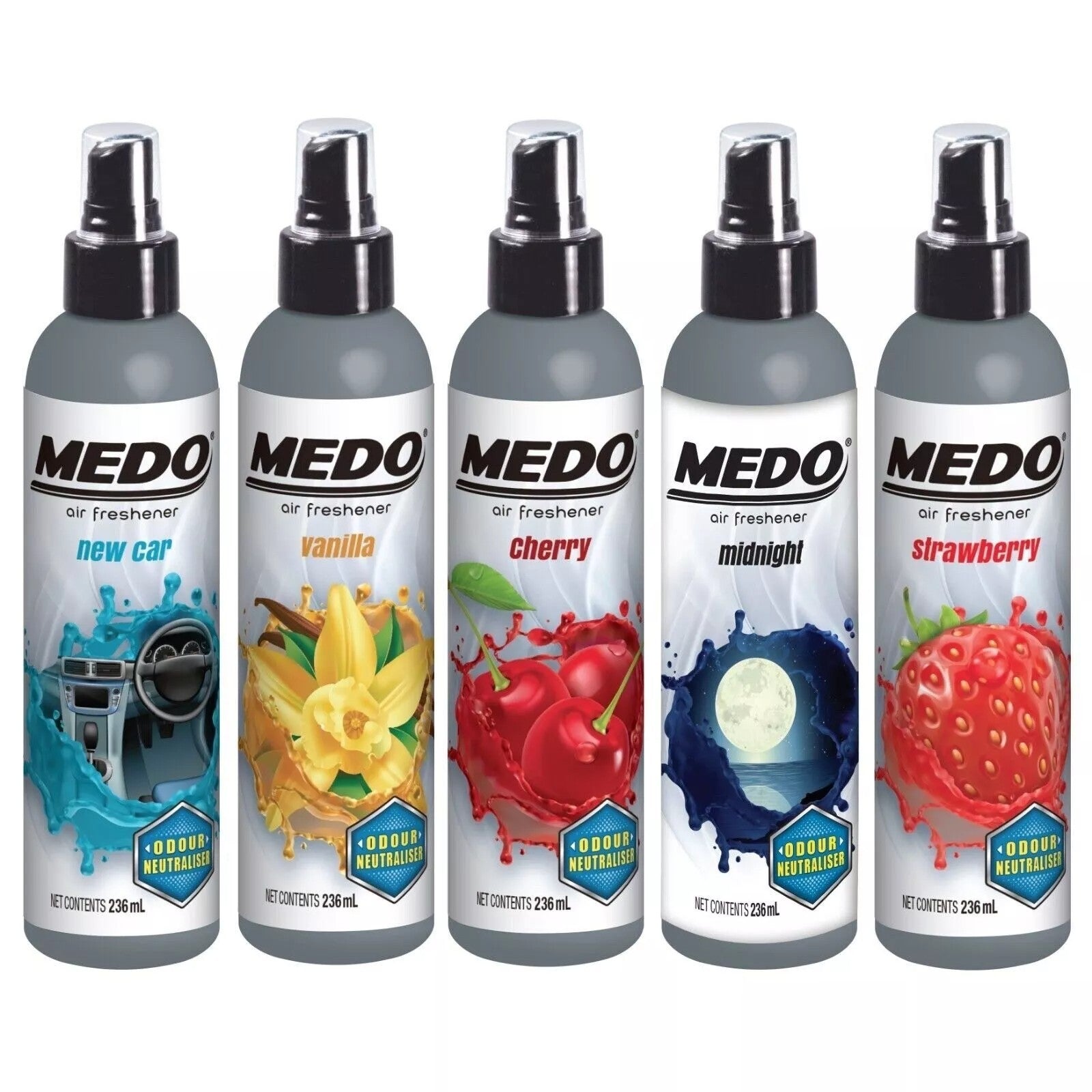 5 x Medo Pump Spray Odour Neutraliser Car Air Freshener Freshner Assorted Scent