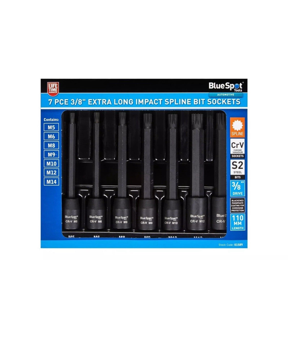Spline Bit Impact Sockets Extra Long 7pc Set 3/8" Drive Impact M5 Torx 01589
