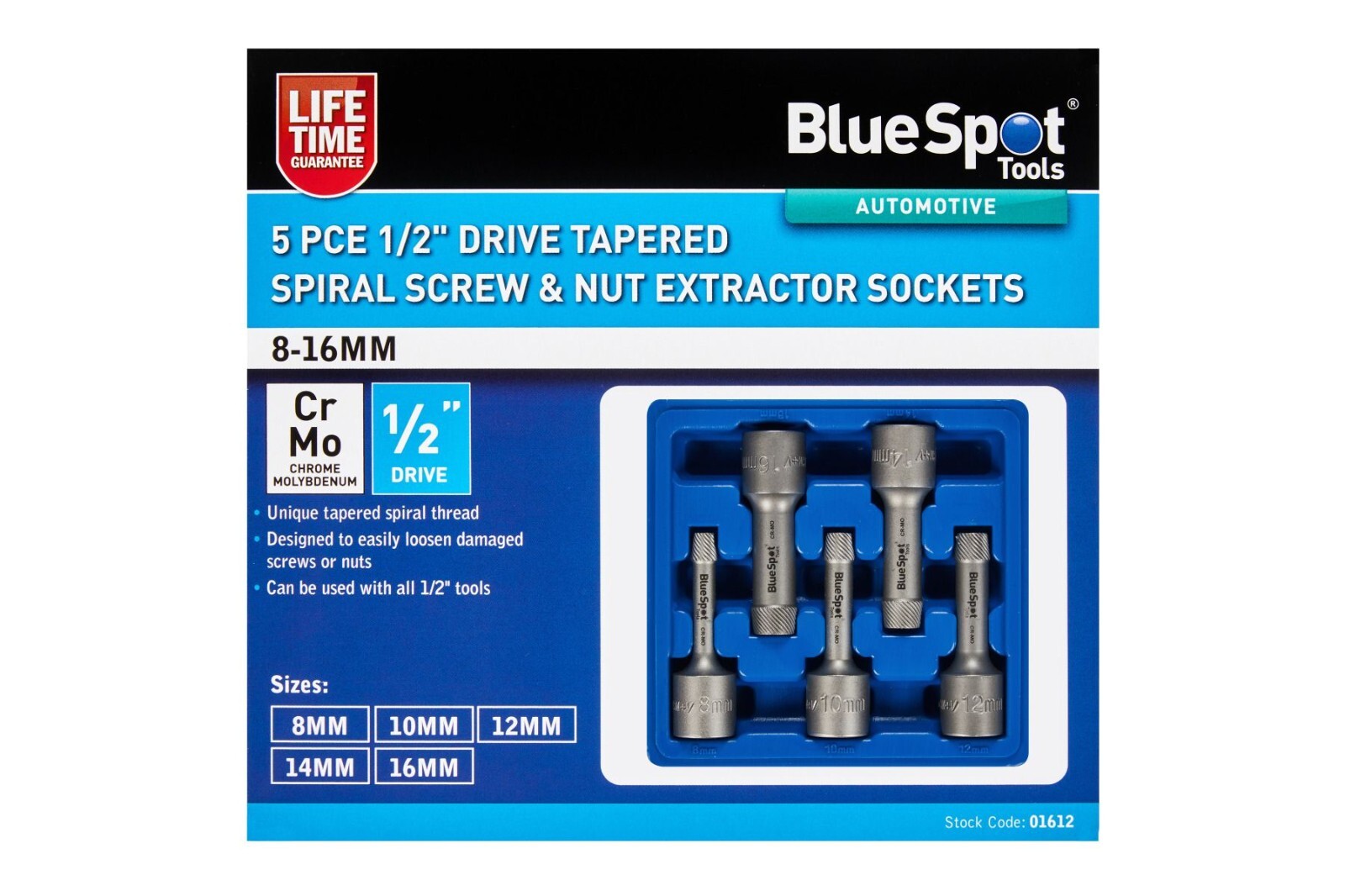 5pc 1/2" Tapered Spiral Screw & Nut Extractor Sockets Set 8mm - 16mm 01612