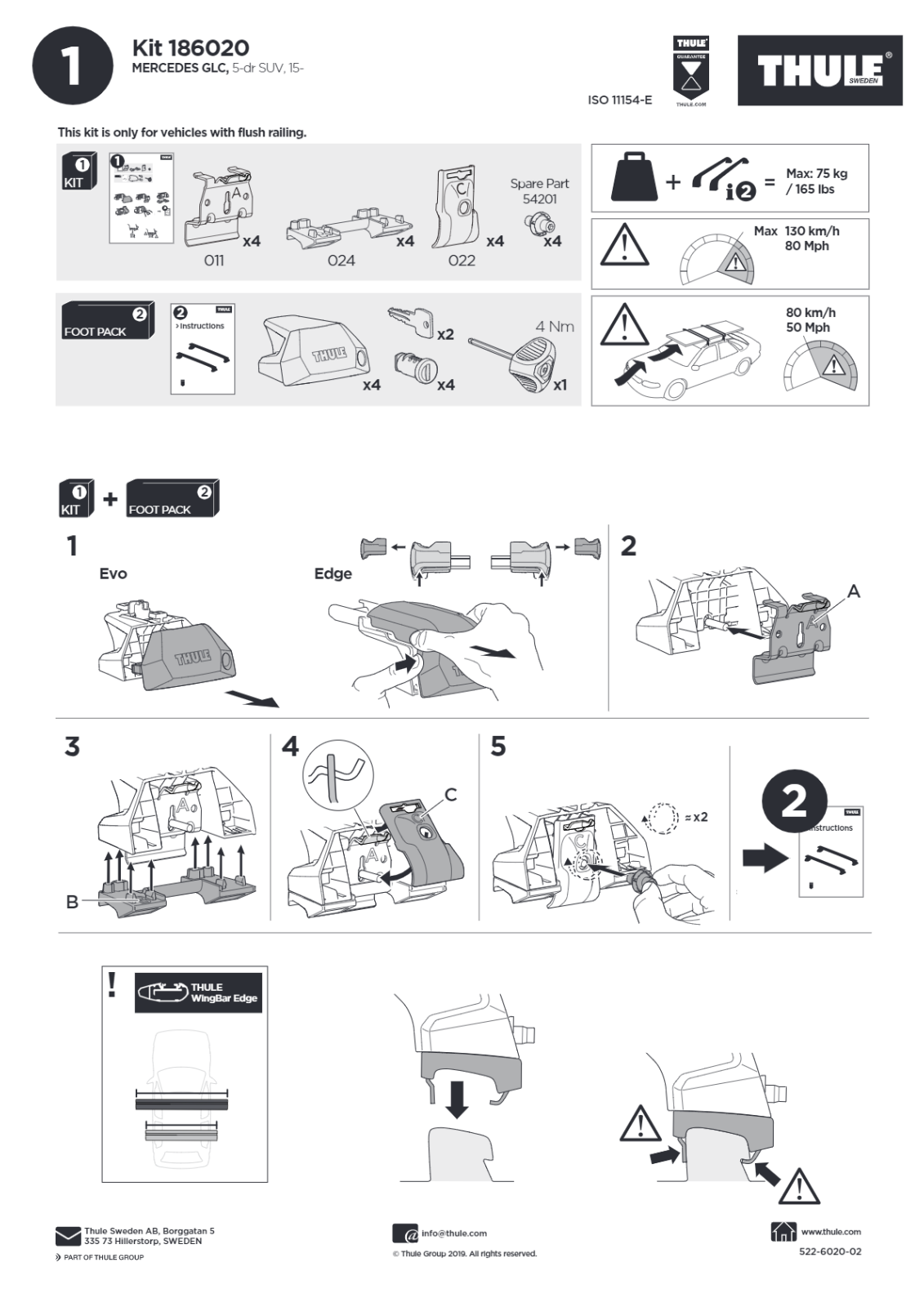 Thule roof bar flush railings fitting kit 186020