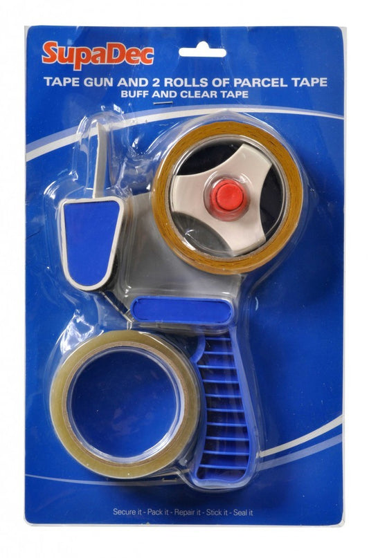 SupaDec Tape Gun & 2 Rolls Parcel Tape Dispenser Buff Clear Pistol Grip Handle