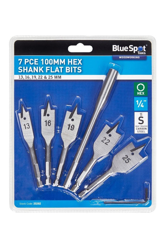 7 PCE 100mm Stubby Hex Shank Flat Wood Drill Bit Set (13-25mm) BSP20202