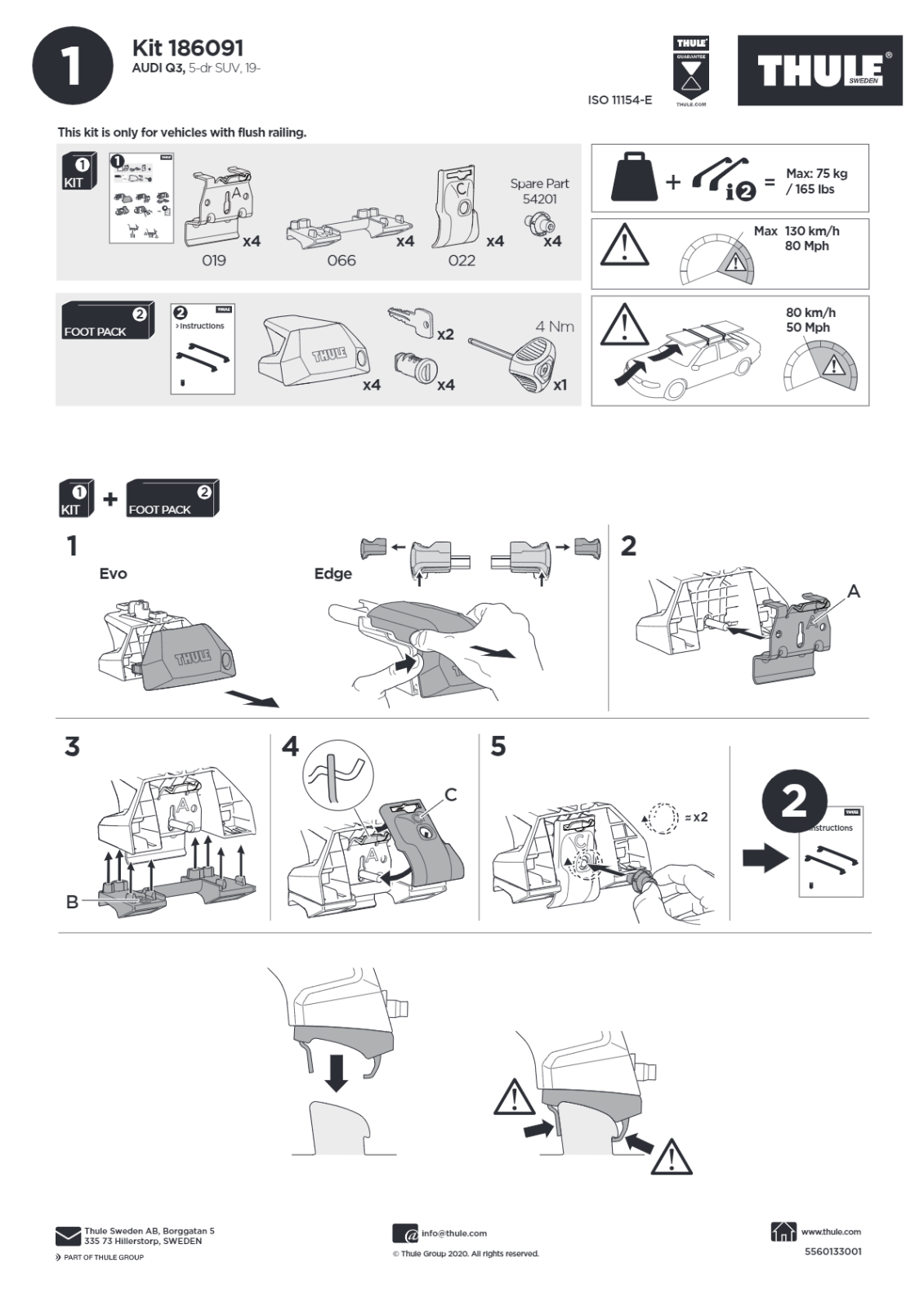 Thule Roof Bar Fitting Kit for Flush-mounted Roof Rails 186091 4 Pack