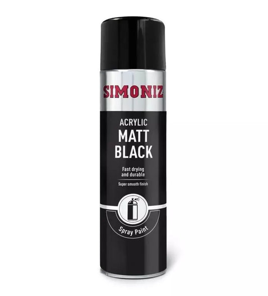 Simoniz Matt Black Acrylic Spray Paint Aerosol 500ml Smooth Finish