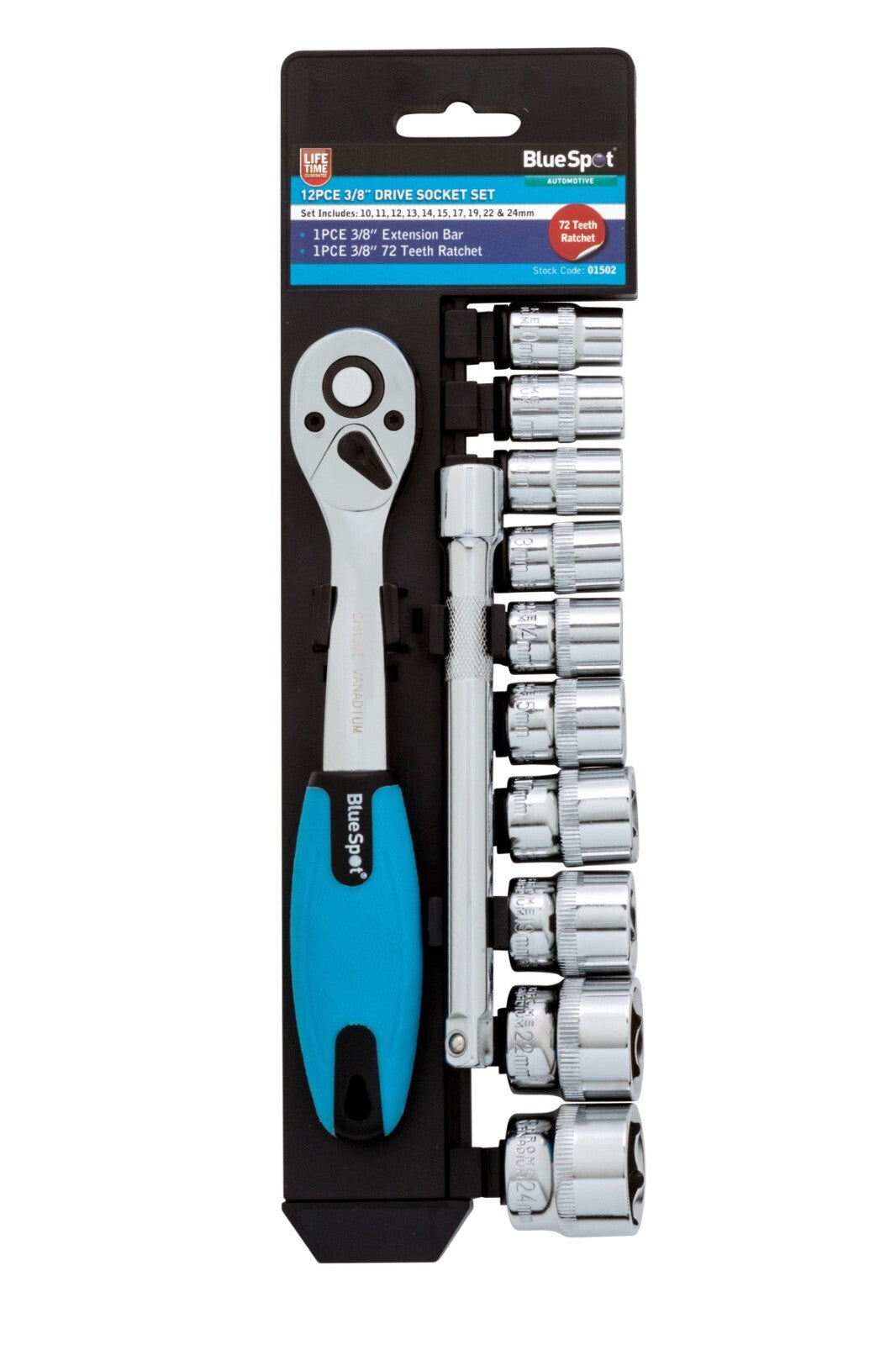 BlueSpot 12 Pc 3/8" Dr Ratchet & Socket Set 10mm - 24mm + Extension Bar  01502