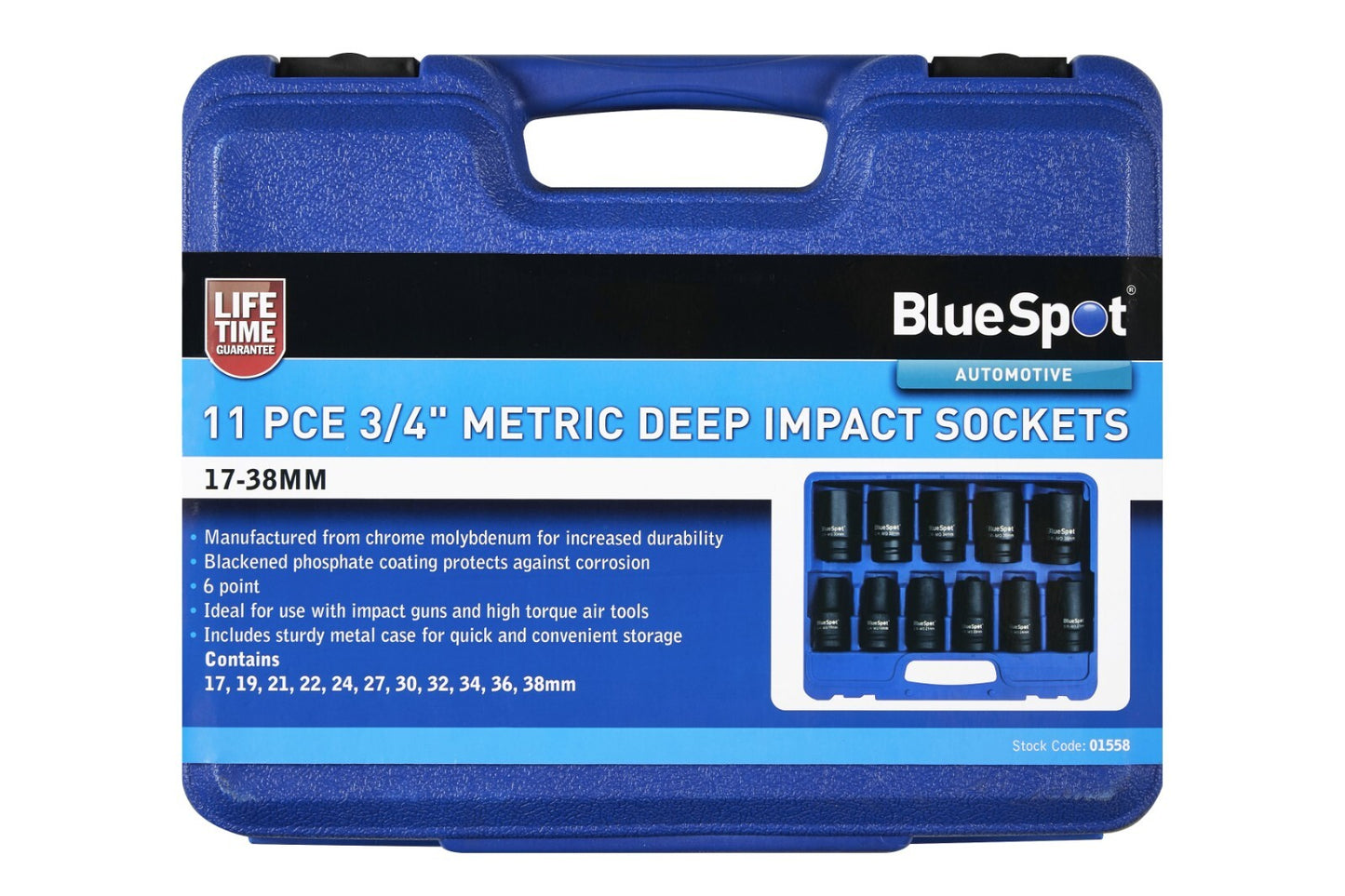 BlueSpot 01558 3/4" 11-Piece Metric Deep Impact Socket Set 01558