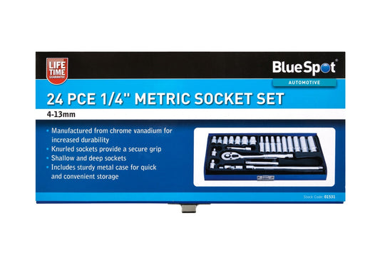 Bluespot 24pc Metric Standard & Deep Socket Set 1/4" Drive Ratchet 4mm - 13mm