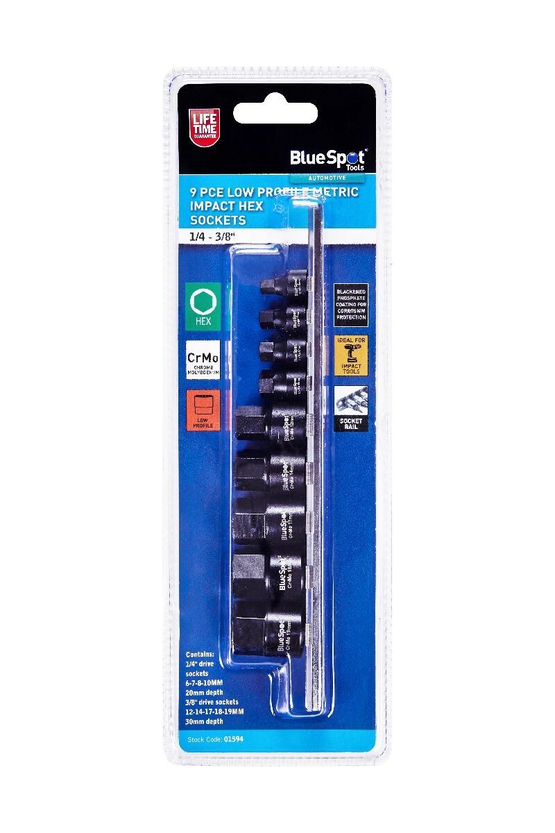 Tools 9 PCE 1/4-3/8" Low Profile Metric Impact Hex Sockets (6-19mm) 01594