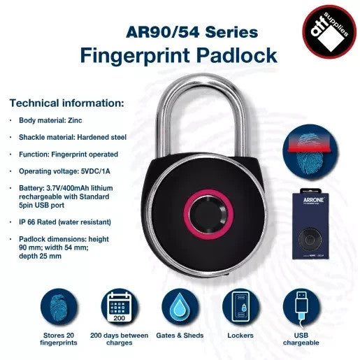 ARRONE Fingerprint Padlock Rechargeable Hardened Steel Security IP65 USB Keyless