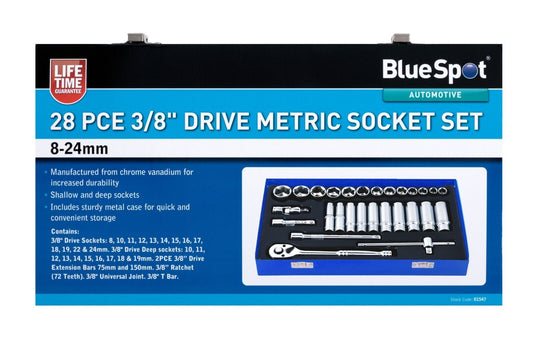 BlueSpot Metric Socket Set 3/8" Drive 8-24mm Shallow Deep Ratchet Wrench 28pc
