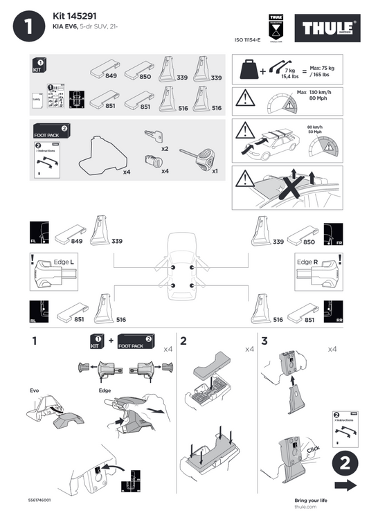 Thule Roof Bar Fitting Kit for No Exisiting Fixing 145291 4 Pack