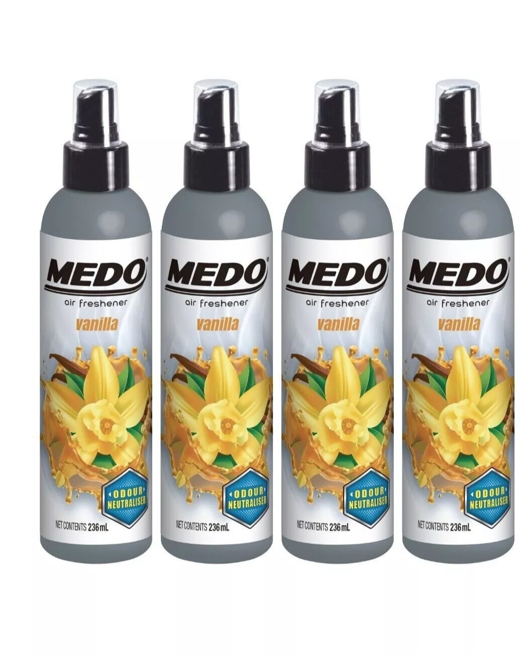 4 x Medo Pump Spray Odour Neutraliser Car Air Freshener Scent - Vanilla