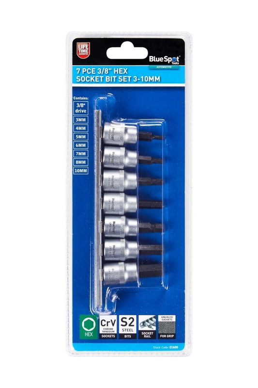 7pc Spline Hex Bit Socket Set 3/8" Drive Sockets 3mm - 10mm With Rail 01600