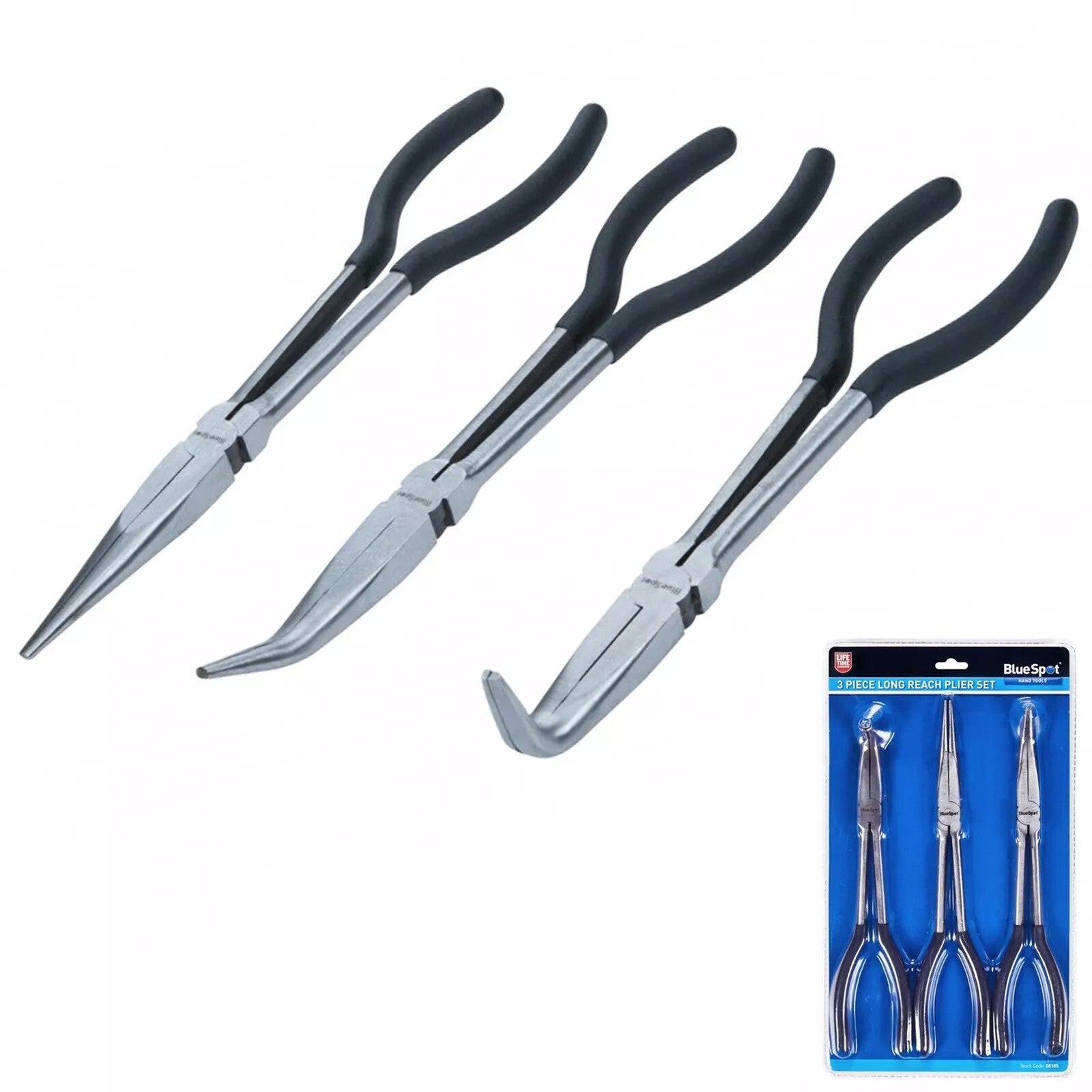 Bluespot 3 PCE Long Reach Plier Set Drop Forged With Polished Heads 280mm (11")