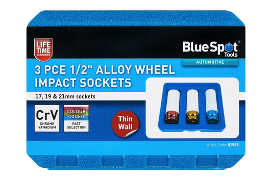 Alloy Wheel Nut Impact Socket Set 1/2" Drive 17 19 & 21mm Deep Sockets 01545