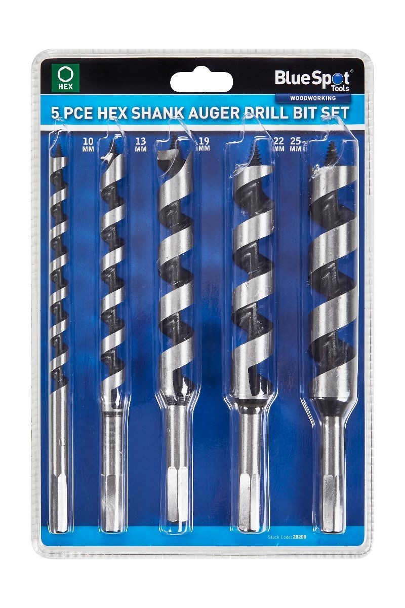BlueSpot 5pc Auger Drill Bit Set Hex 10mm to 25mm  Wood Woodworking BSP20200